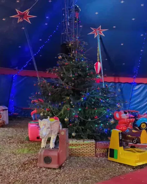 Geschmückter Weihnachtsbaum mit Geschenken, umringt von Kinderfahrgeschäften, unter einem Sternenhimmel aus Zeltplane